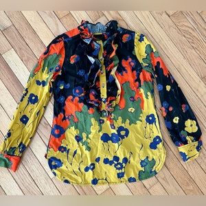 J crew collection ruffled re-imaged floral/abstract XS top